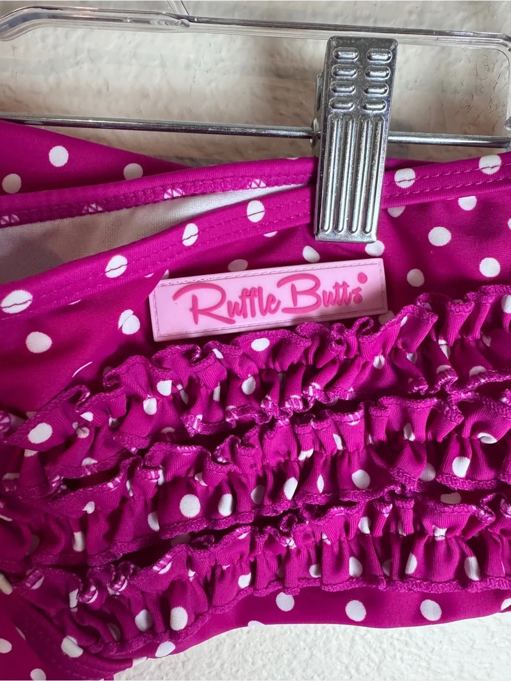 RuffleButts Magenta Polka Dot Ruffle Swimsuit Set Size 3-6 M
